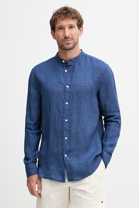 Tommy Hilfiger srajca moška lanena mornarsko modra enobarvna MW0MW39271