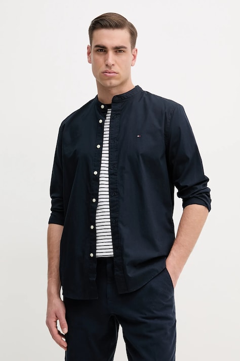 Bavlněná košile Tommy Hilfiger tmavomodrá barva, regular, se stojáčkem, MW0MW39966