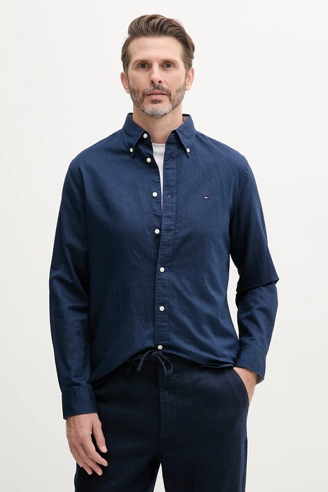 Tommy Hilfiger cămașă din amestec de in bărbați, culoarea albastru marin, cu guler button-down, regular, MW0MW40702