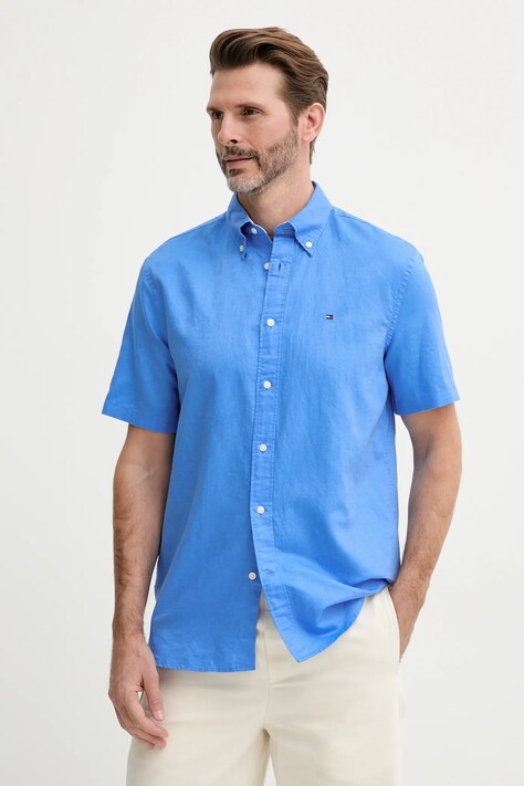 Košile s příměsí lnu Tommy Hilfiger pánská, modrá barva, regular, s límečkem button-down, MW0MW40703