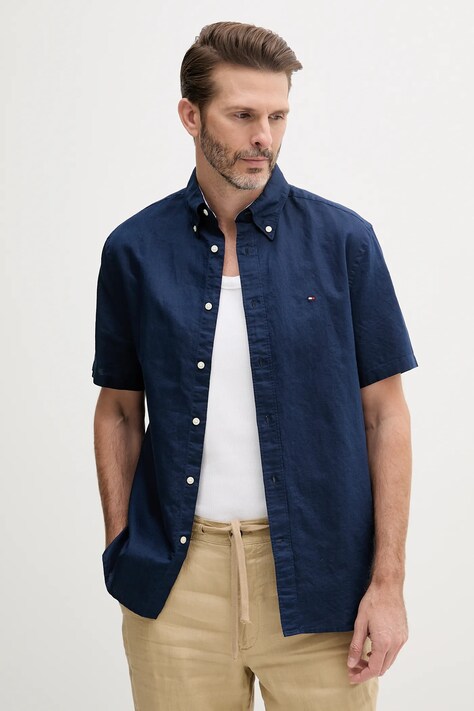 Tommy Hilfiger koszula z domieszką lnu męska kolor granatowy regular z kołnierzykiem button-down MW0MW40703