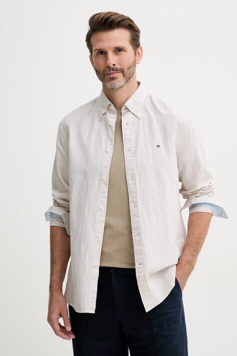 Tommy Hilfiger cămașă din amestec de in culoarea bej, cu guler button-down, regular, MW0MW40704