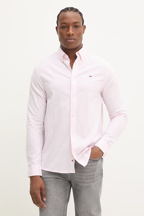 Košeľa Tommy Jeans pánska, ružová farba, regular, s klasickým golierom, DM0DM20875