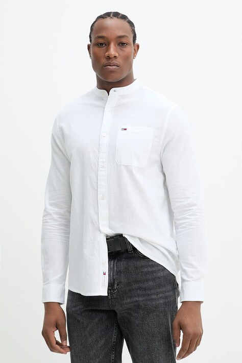 Tommy Jeans cămașă din amestec de in bărbați, culoarea alb, regular, DM0DM20876