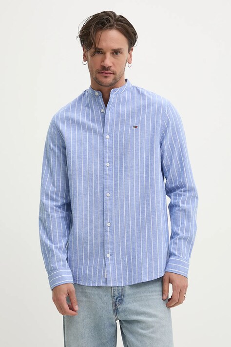Πουκάμισο με μείγμα από λινό Tommy Jeans χρώμα: μπλε, DM0DM20893