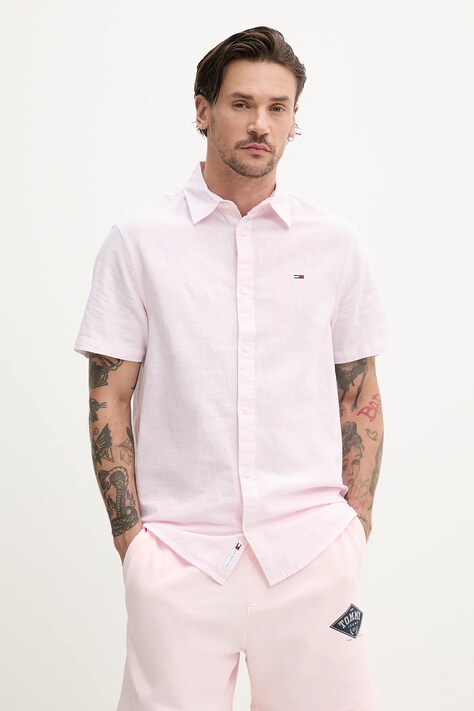 Tommy Jeans cămașă din amestec de in bărbați, culoarea roz, cu guler clasic, regular, DM0DM20894