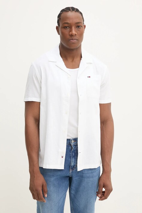 Рубашка с примесью льна Tommy Jeans мужская цвет белый regular воротник button-down DM0DM20895