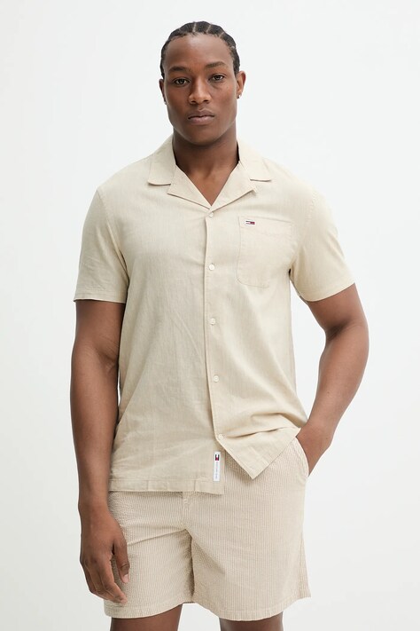 Tommy Jeans cămașă din amestec de in bărbați, culoarea bej, cu guler button-down, regular, DM0DM20895