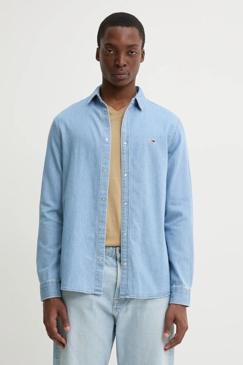 Džínová košile Tommy Jeans pánská, modrá barva, regular, s klasickým límcem, DM0DM21146
