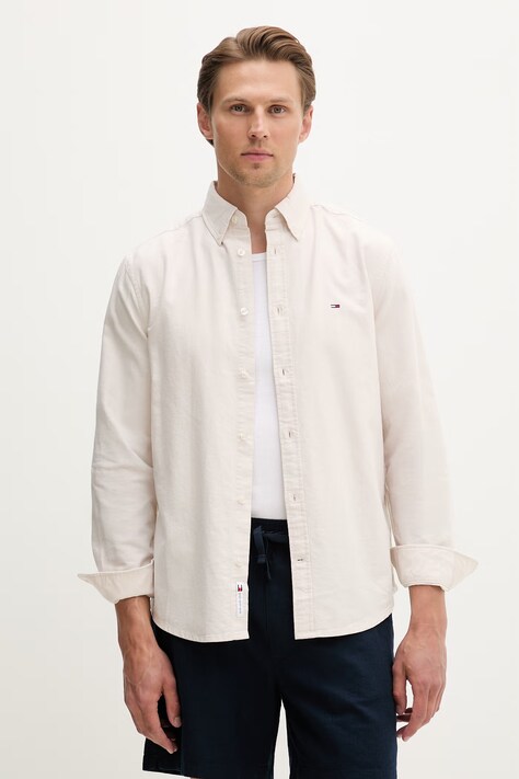 Tommy Jeans koszula męska bawełniana beżowa gładka DM0DM21298
