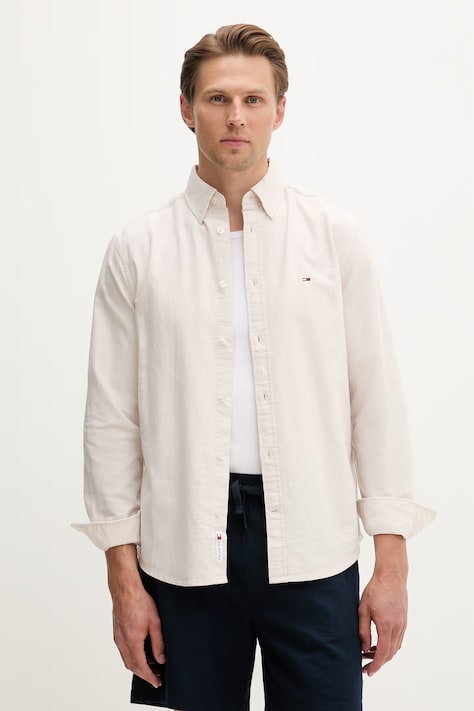 Tommy Jeans koszula męska bawełniana beżowa gładka DM0DM21298