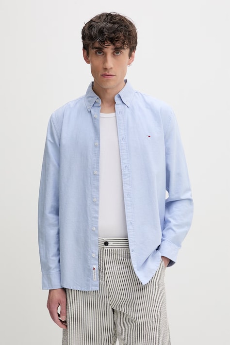 Tommy Jeans cămașă pentru bărbați din bumbac albastră simplă DM0DM21298