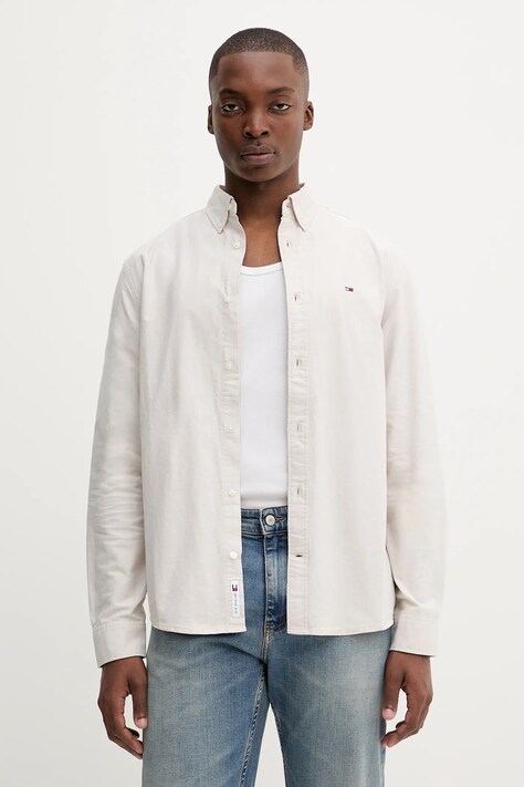 Bavlněná košile Tommy Jeans pánská, šedá barva, regular, s límečkem button-down, DM0DM21298