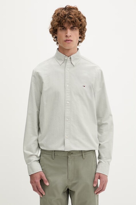 Tommy Jeans košeľa pánska bavlnená zelená hladká DM0DM21298