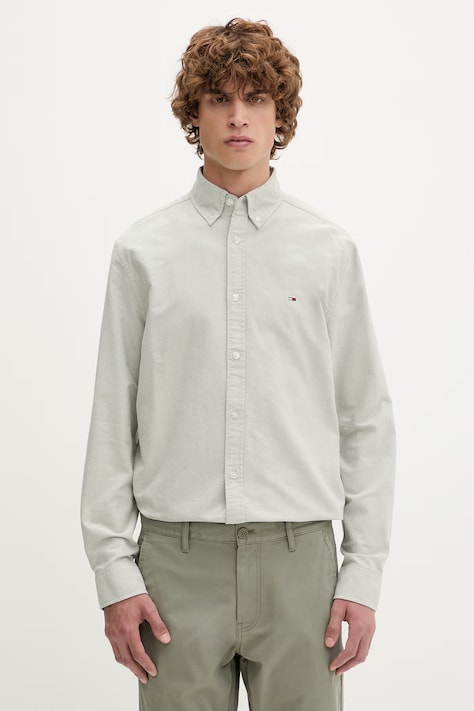 Tommy Jeans Πουκάμισο ανδρικό βαμβακερό πράσινο απλό DM0DM21298