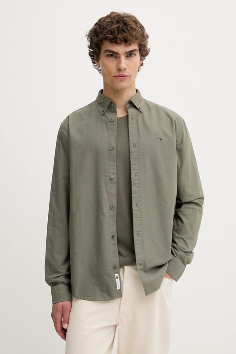 Tommy Jeans koszula bawełniana męska kolor zielony regular z kołnierzykiem button-down DM0DM21298