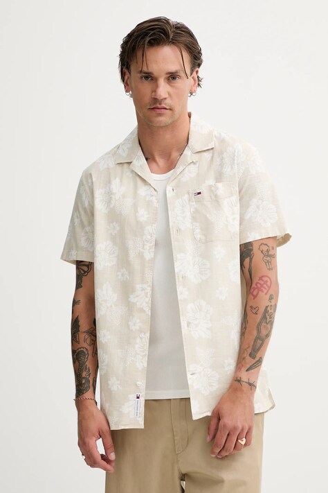 Bavlnená košeľa Tommy Jeans zelená farba, regular, DM0DM21351