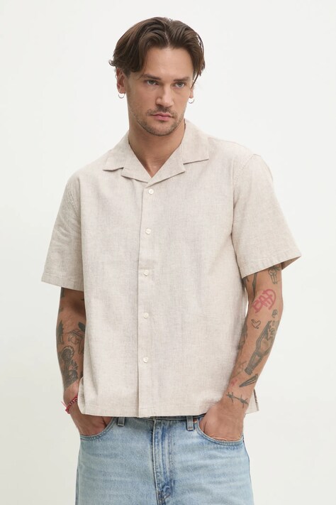 Košile s příměsí lnu Abercrombie & Fitch pánská, béžová barva, regular, KI125-5175