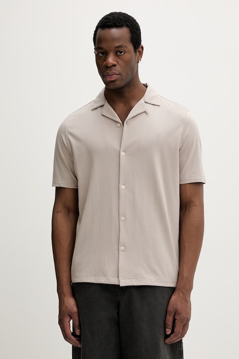 Памучна риза AllSaints HUDSON в сиво със свободна кройка M081SA