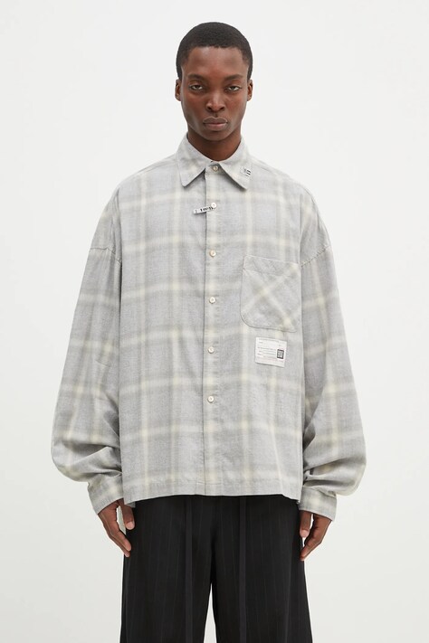 Oboustranná košile s příměsí lnu Maison MIHARA YASUHIRO Both Fronts L/S Shirts šedá barva, relaxed, se stojáčkem, A14SH081