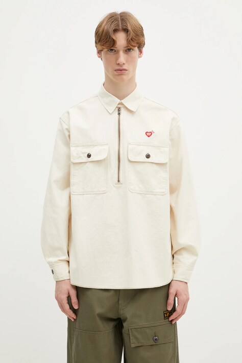 Bavlněná košile Human Made Zip-Up Work Shirt béžová barva, relaxed, s klasickým límcem, HM29SH002