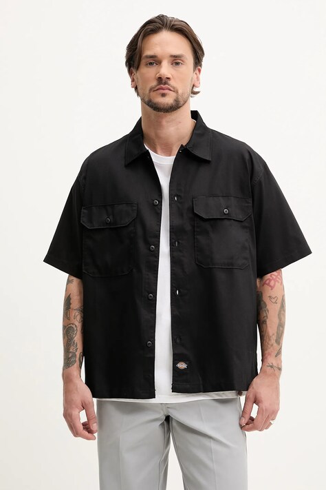 Dickies camasa barbati, culoarea negru, cu guler clasic, relaxed, DK0A4Z7QBLK1