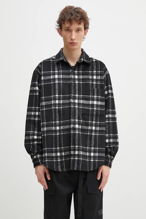Košile s příměsí vlny MKI MIYUKI ZOKU Check Flannel Shirt pánská, černá barva, relaxed, s klasickým límcem, CHECK.FLANNEL.SHIRT.BLA