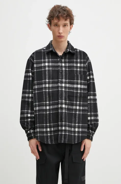 Риза с вълна MKI MIYUKI ZOKU Check Flannel Shirt мъжка в черно със свободна кройка с класическа яка CHECK.FLANNEL.SHIRT.BLA