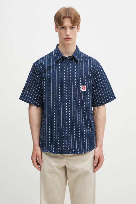 Bavlněná košile Carhartt WIP S/S Drewe Shirt tmavomodrá barva, relaxed, s klasickým límcem, I034537