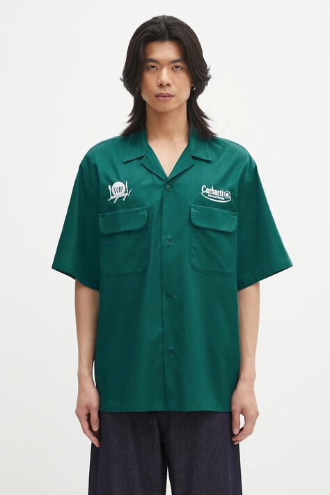 Košile Carhartt WIP S/S Deli Shirt pánská, zelená barva, relaxed, I034738