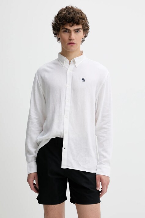 Lněná košile Abercrombie & Fitch pánská, bílá barva, regular, s límečkem button-down, KI125-5085