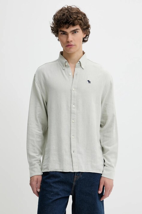 Lněná košile Abercrombie & Fitch pánská, šedá barva, regular, s límečkem button-down, KI125-5085