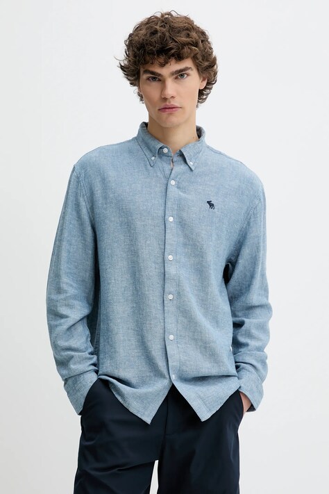 Πουκάμισο από λινό Abercrombie & Fitch ανδρικό, χρώμα: μπλε, KI125-5085