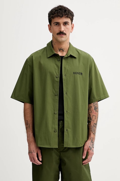 Памучна риза Kenzo мъжка в зелено със свободна кройка с класическа яка FF55CH1299LP.50