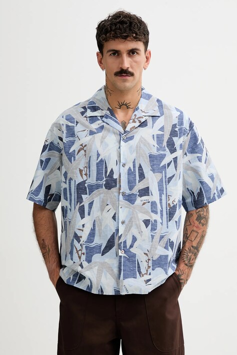 Kenzo koszula z domieszką lnu męska kolor niebieski relaxed FF55CH1309P1.77