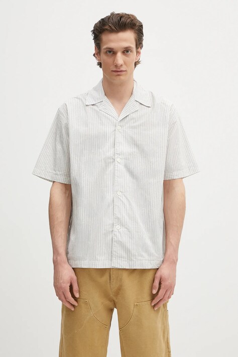 Norse Projects cămașă din bumbac Mads Poplin Stripe SS culoarea alb, cu guler clasic, relaxed, N40.0831.0957