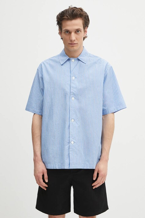 Bavlněná košile Norse Projects Mads Poplin Stripe SS pánská, modrá barva, relaxed, s klasickým límcem, N40.0831.7000