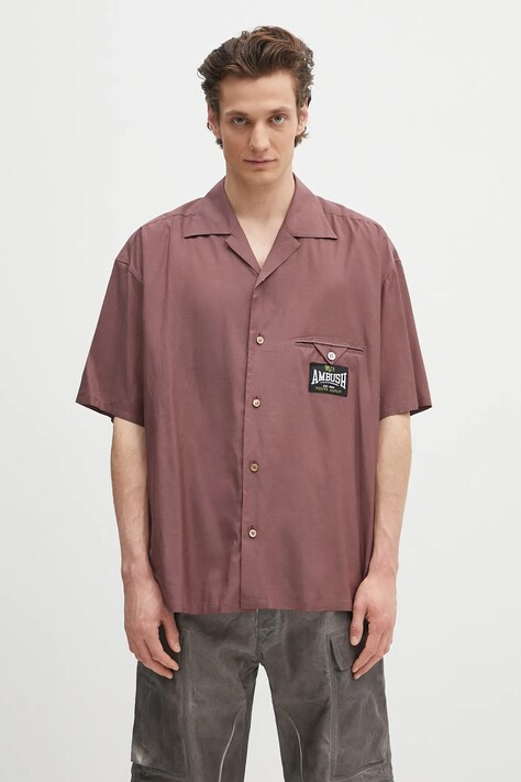 Košile AMBUSH S/S Satin Shirt pánská, vínová barva, relaxed, s klasickým límcem, 12115311