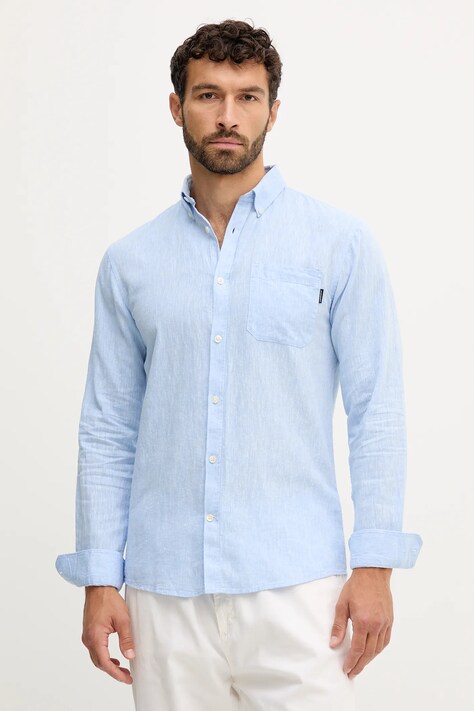 Lindbergh koszula lniana męska kolor niebieski regular z kołnierzykiem button-down 30.220276