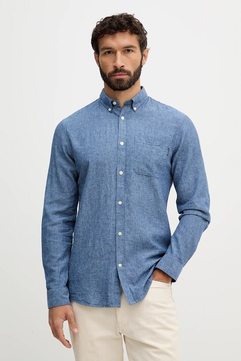 Lindbergh koszula lniana męska kolor granatowy regular z kołnierzykiem button-down 30.220276
