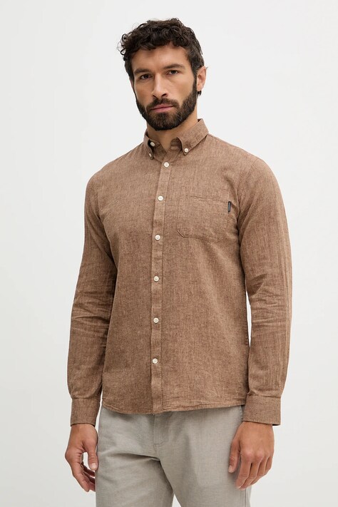 Lindbergh koszula lniana męska kolor brązowy regular z kołnierzykiem button-down 30.220276