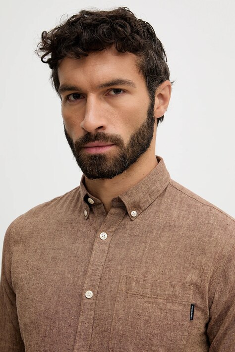 Lindbergh koszula lniana męska kolor brązowy regular z kołnierzykiem button-down 30.220276