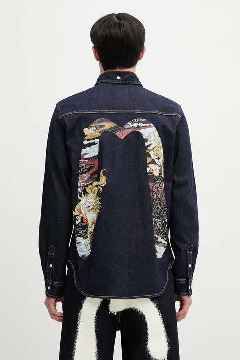 Evisu cămașă jeans Hakutaku Daicock Printed Denim LS culoarea bleumarin, cu guler clasic, regular, 2ESHTM5DL1146