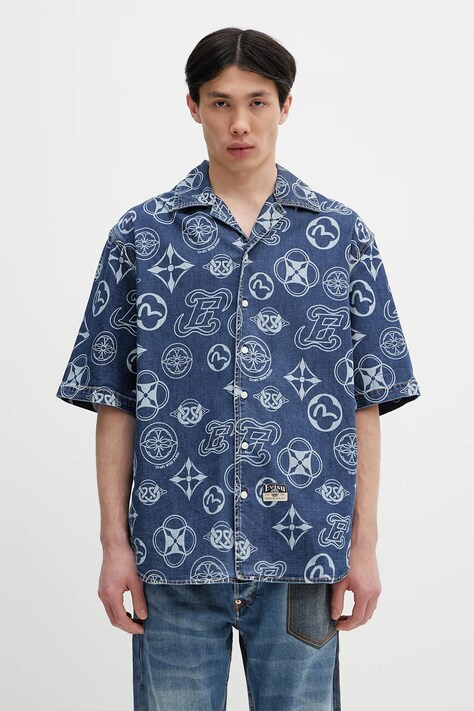 Evisu koszula jeansowa Monogram AOP Denim SS męska kolor niebieski relaxed z kołnierzykiem klasycznym 2ESHTM5DI1147