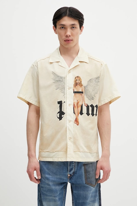 Palm Angels cotton shirt Crystal Pin Up Bowling beige color regular PMGG008S25FAB0010310