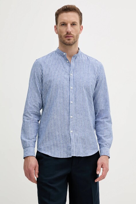 Ľanová košeľa Sisley fialová farba, regular, so stojačikom, 51FCSQ03J