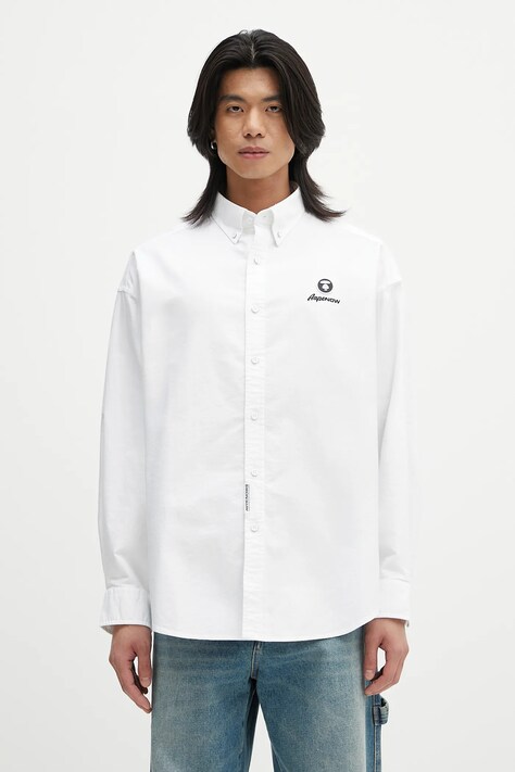Bavlněná košile AAPE Now Long pánská, bílá barva, relaxed, s límečkem button-down, AAPSTM8512XXO