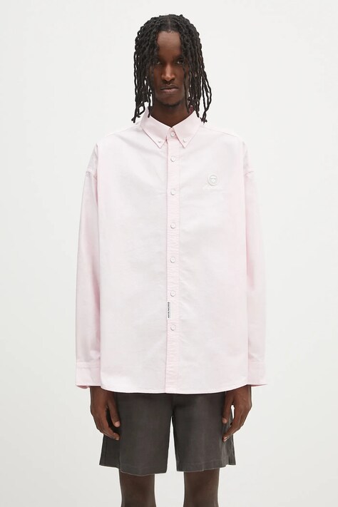 Bavlněná košile AAPE Now Long pánská, růžová barva, relaxed, s límečkem button-down, AAPSTM8512XAO