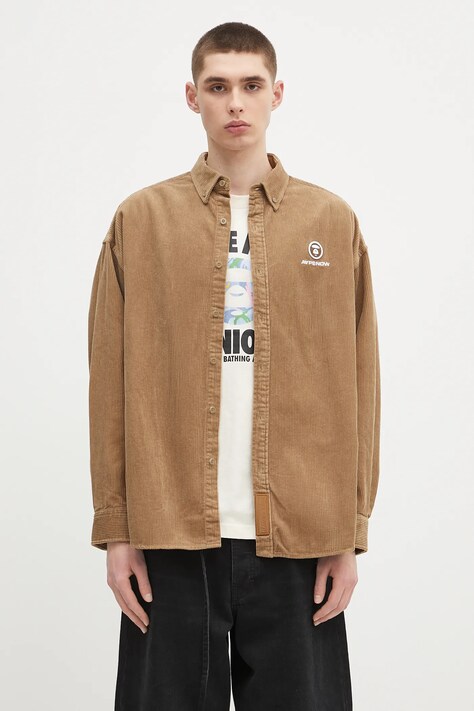 AAPE koszula sztruksowa Now Long Sleeve męska kolor brązowy regular AAPSTM8499XXN