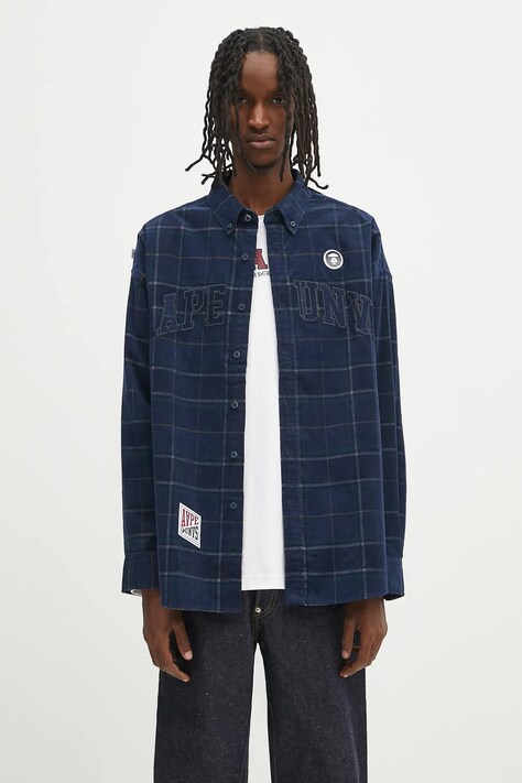 Manšestrová košile AAPE Main Long Sleeve pánská, tmavomodrá barva, relaxed, s límečkem button-down, AAPSTM8505XXN